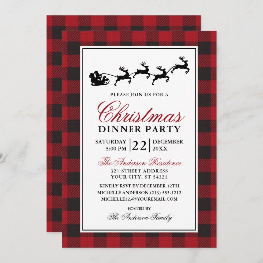 レッドプレイドトナディアクリスマスディナーパーティー 招待状 (正面/裏面)