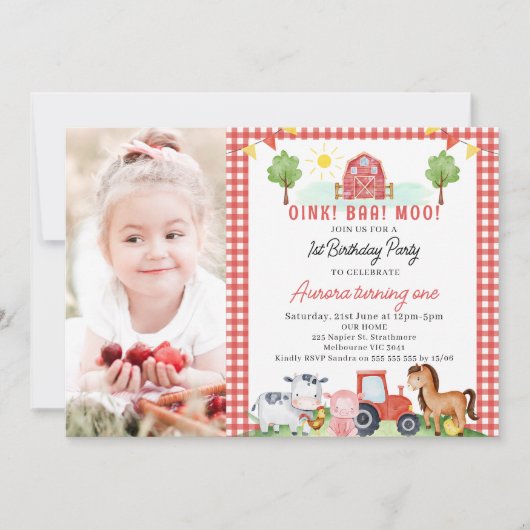レッドプレイドトラクターファームアニマルズ誕生日 招待状 (正面)