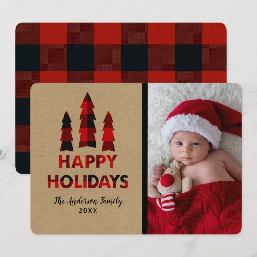 レッドプレイドハッピーホリデーズクリスマスツリーズクラフト 招待状 (正面/裏面)