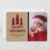 レッドプレイドハッピーホリデーズクリスマスツリーズクラフト 招待状 (正面)