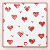 レッドプレイドハートデザイン ガラスコースター (正面)