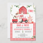 レッドプレイドバーントラクタファーム誕生日招待状 招待状 (正面)