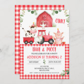 レッドプレイドバーントラクタファーム誕生日招待状 招待状 (正面/裏面)