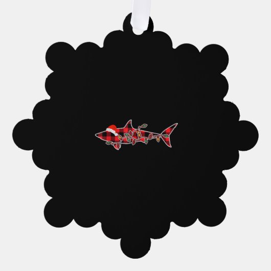 レッドプレイドパジャマシャークサンタハットクリスマスライト オーナメントカード (正面)