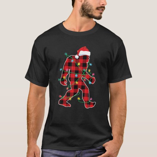 レッドプレイドビッグフートクリスマスライトサスカッチサンタ Tシャツ (正面)