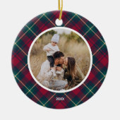 レッドプレイドファミリーカスタムフォト文字クリスマスツリー セラミックオーナメント (正面)