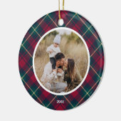 レッドプレイドファミリーカスタムフォト文字クリスマスツリー セラミックオーナメント (左)