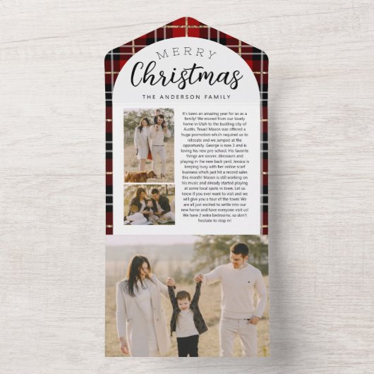 レッドプレイドファミリークリスマスフォトカードトリフォールド オールインワン招待状 (内側)