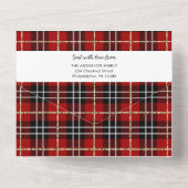 レッドプレイドファミリークリスマスフォトカードトリフォールド オールインワン招待状 (裏面)