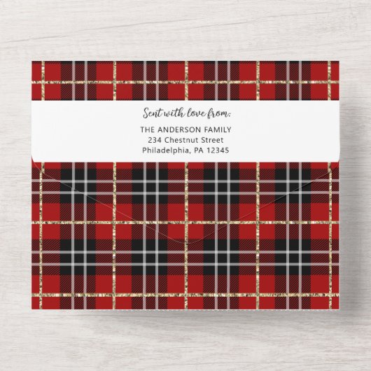 レッドプレイドファミリークリスマスフォトカードトリフォールド オールインワン招待状 (裏面)