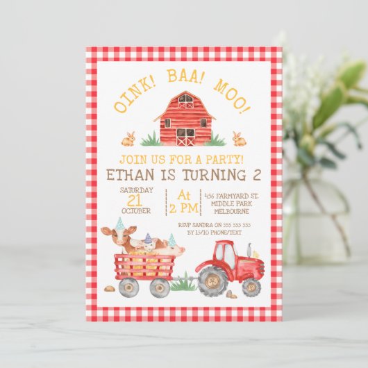 レッドプレイドファームアニマルズトラクター誕生日招待状 招待状 (スタンド正面)