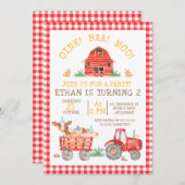 レッドプレイドファームアニマルズトラクター誕生日招待状 招待状 (正面/裏面)