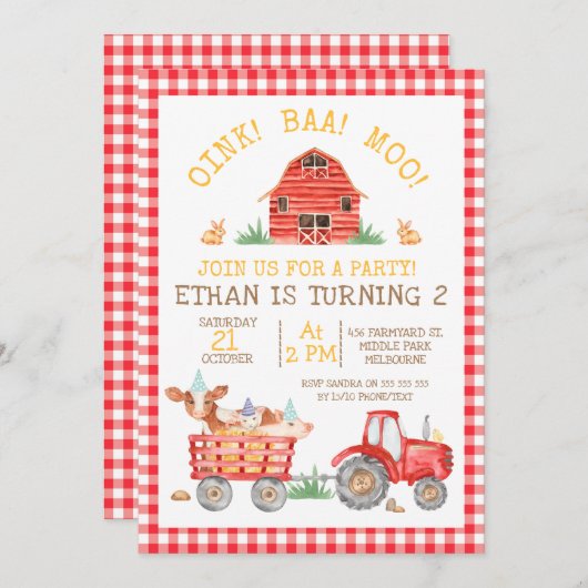 レッドプレイドファームアニマルズトラクター誕生日招待状 招待状 (正面/裏面)