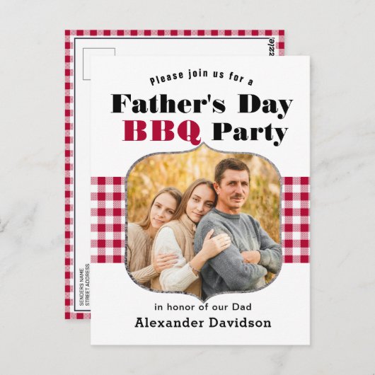 レッドプレイドフォトファーザーズデイBBQ招待状 ポストカード (正面/裏面)