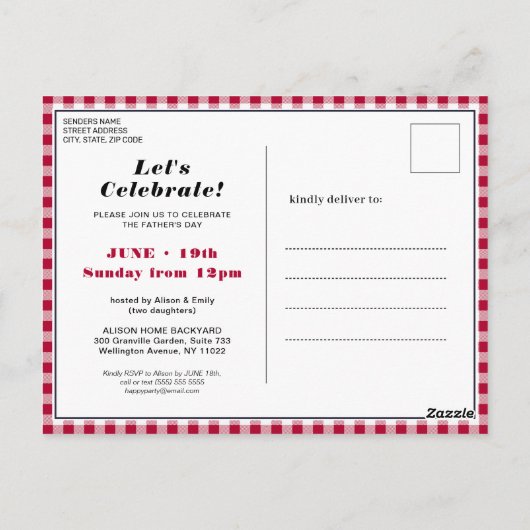 レッドプレイドフォトファーザーズデイBBQ招待状 ポストカード (裏面)