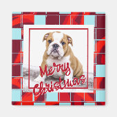 レッドプレイドブルドッグフォトメリークリスマス マグネット (正面)