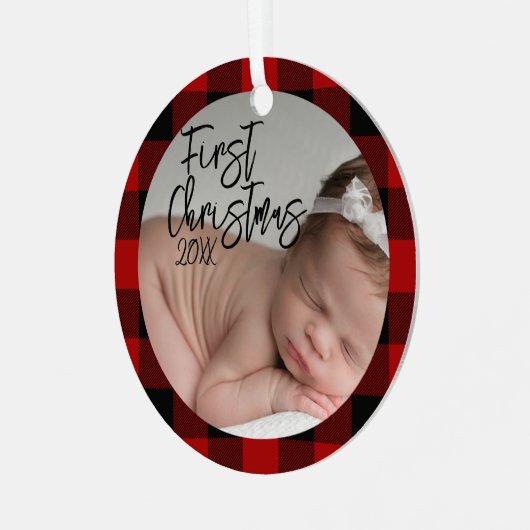 レッドプレイドベビー初めてのクリスマス メタルオーナメント (正面左)