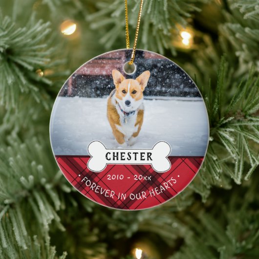 レッドプレイドペットの名前と写真を永遠に私たちのハート セラミックオーナメント (ツリー)