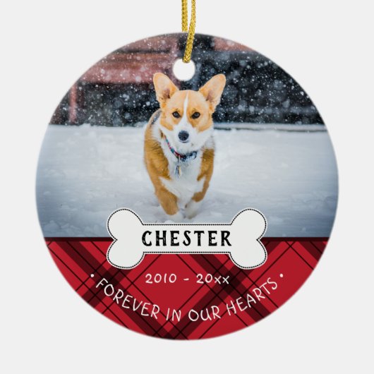 レッドプレイドペットの名前と写真を永遠に私たちのハート セラミックオーナメント (正面)