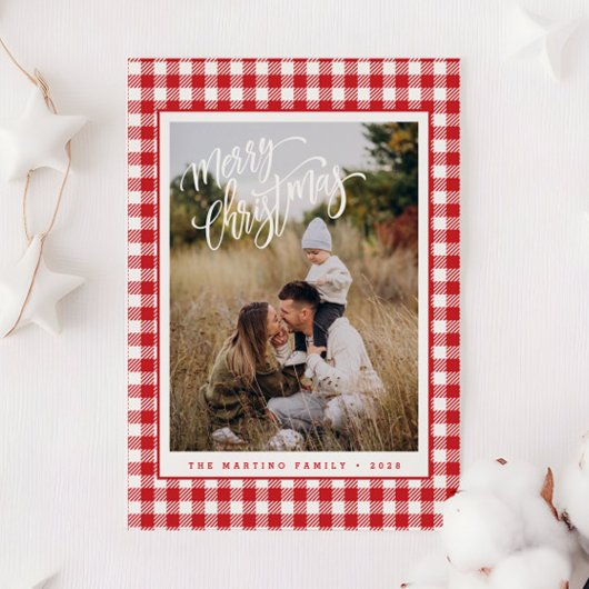 レッドプレイドホリデーフォトメリークリスマスカード シーズンカード