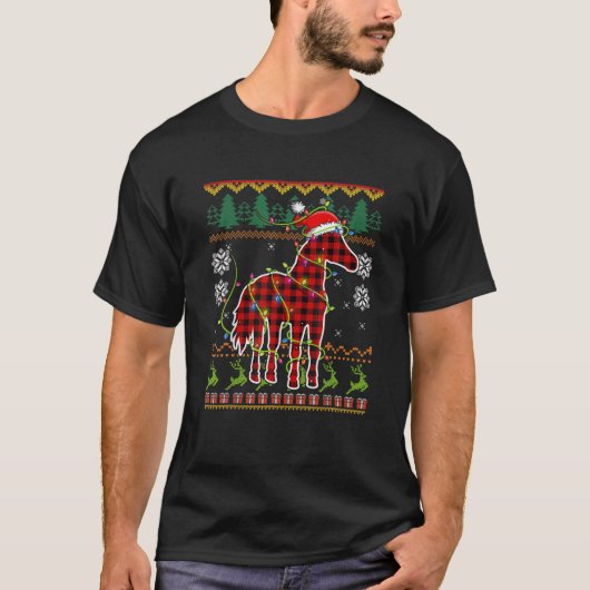 レッドプレイドホースサンタハット醜いクリスマスセーターP Tシャツ (正面)