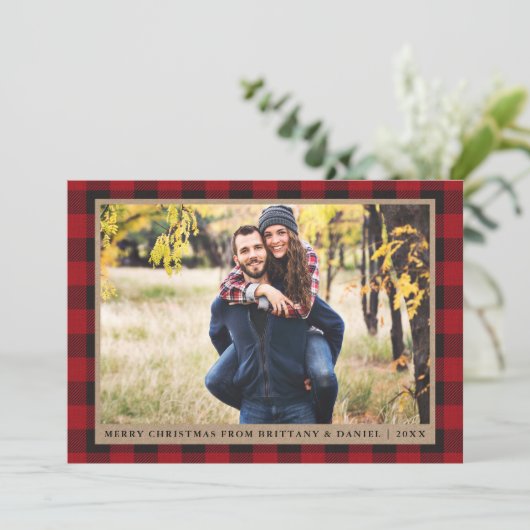 レッドプレイドメリークリスマスクラフトカップルの写真 シーズンカード (スタンド正面)