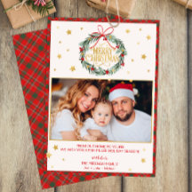 レッドプレイドメリークリスマスファミリーフォトカード