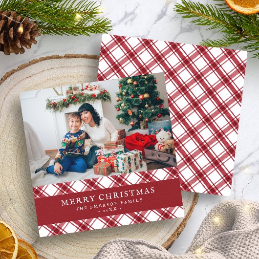 レッドプレイドメリークリスマスフラットホリデーカード シーズンカード