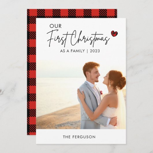 レッドプレイド写真クリスマススクリプト結婚の感謝の気持ち シーズンカード (正面/裏面)