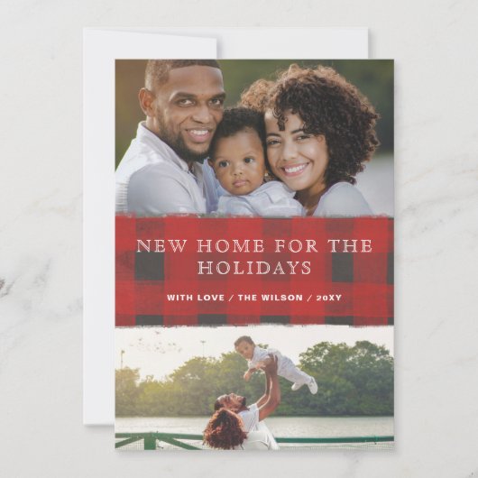 レッドプレイド新しい家のための休日の写真の移動 シーズンカード (正面)