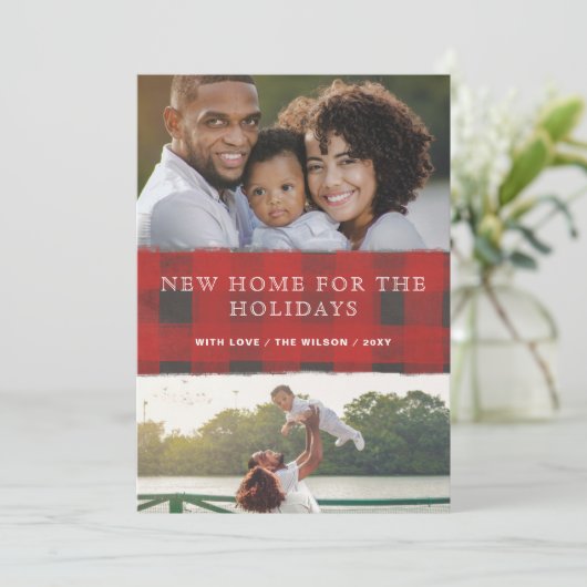 レッドプレイド新しい家のための休日の写真の移動 シーズンカード (スタンド正面)