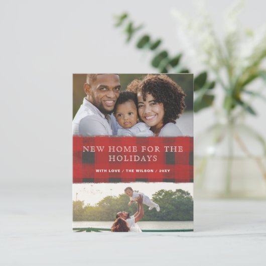 レッドプレイド新しい家のための休日の写真の移動 ポストカード (スタンド正面)