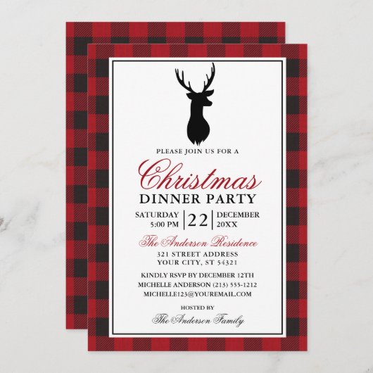 レッドプレイド素朴クリスマスディナーパーティー 招待状 (正面/裏面)
