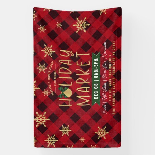 レッドプレイド金ゴールドスノーフレークホリデーマーケット 横断幕 (縦)