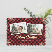 レッドプレイド金ゴールドスノーフレーク写真クリスマスカード シーズンカード (スタンド正面)