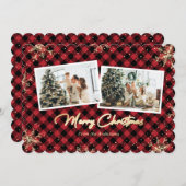レッドプレイド金ゴールドスノーフレーク写真クリスマスカード シーズンカード (正面/裏面)