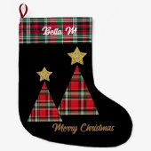 レッドプレイド金ゴールド星のクリスマスツリー ラージクリスマスストッキング (正面)