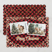 レッドプレイド金ゴールド雪メリークリスマスフォト シーズンカード (正面/裏面)