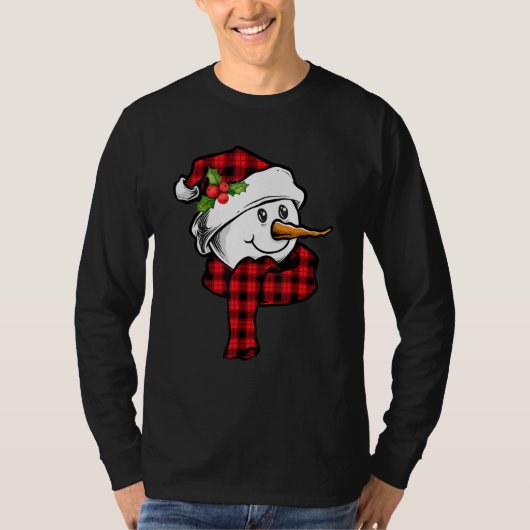 レッドプレイド雪だるま顔クリスマス Tシャツ (正面)