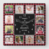 レッドプレイド12フォトコラージュファミリー引用文クリスマス スクエア壁時計 (正面)