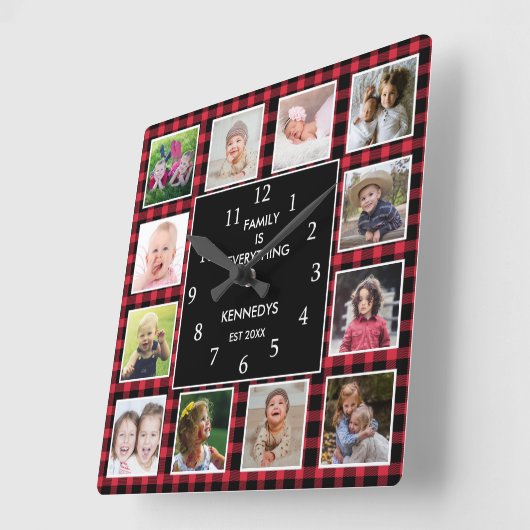 レッドプレイド12フォトコラージュファミリー引用文クリスマス スクエア壁時計 (傾斜)