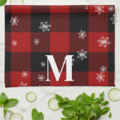 レッドプレイド&スノーフレークスモノグラムイニシャル冬 キッチンタオル (折り畳み)