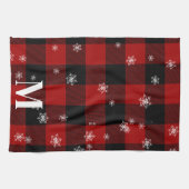 レッドプレイド&スノーフレークスモノグラムイニシャル冬 キッチンタオル (横)