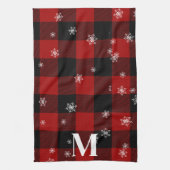 レッドプレイド&スノーフレークスモノグラムイニシャル冬 キッチンタオル (縦)