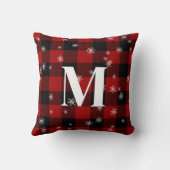 レッドプレイド&スノーフレークスモノグラムイニシャル冬 クッション (裏面)