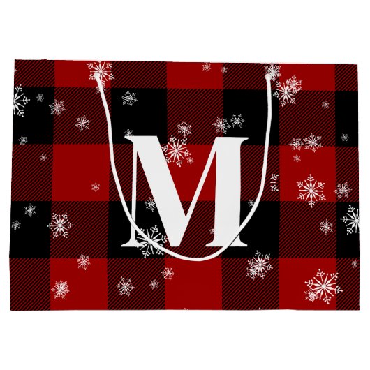 レッドプレイド&スノーフレークスモノグラムイニシャル冬 ラージペーパーバッグ (裏面)