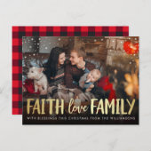 レッドプレイド&金ゴールド信仰ラブファミリークリスマスフォト シーズンポストカード (正面/裏面)