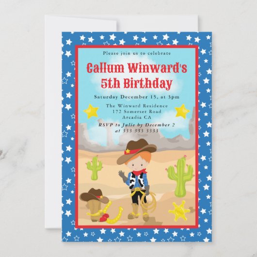 レッドヘアカウボーイウェスタン子供の誕生日 招待状 (正面)