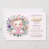 レッドヘアガールのバプテスムパープル金ゴールドフローラクロス 招待状 (正面)