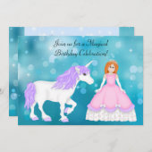 レッドヘアプリンセスアンドユニコーン誕生日招待状 招待状 (正面/裏面)